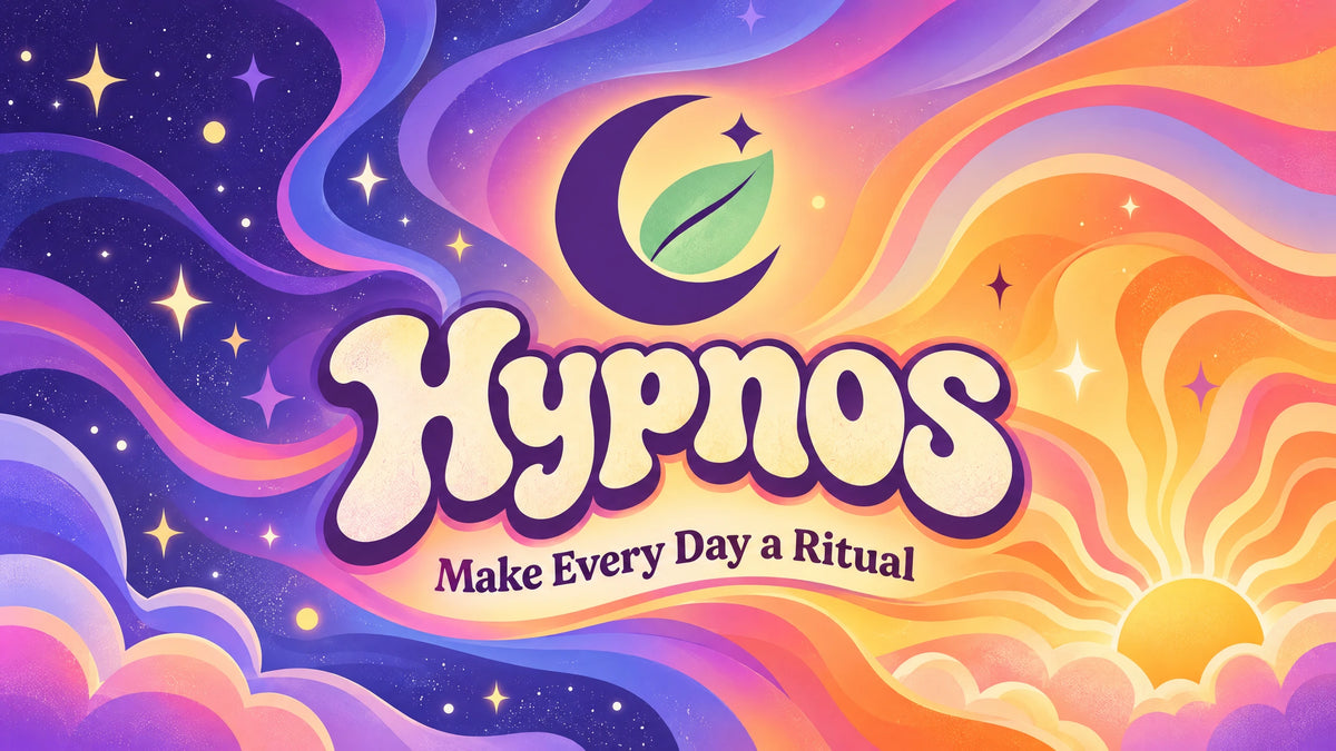 Hypnos: Make Every Day a Ritual. A crescent moon and leaf over a sky that runs from starry night to sunrise.